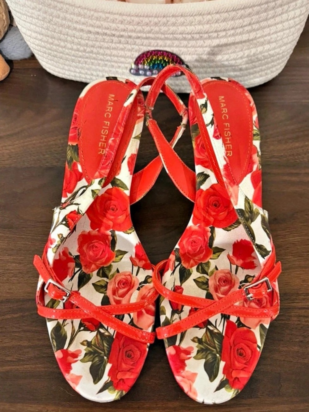 Marc Fisher Hallan Rose Slingback Sandal Floral Slingback Sandals Red & White